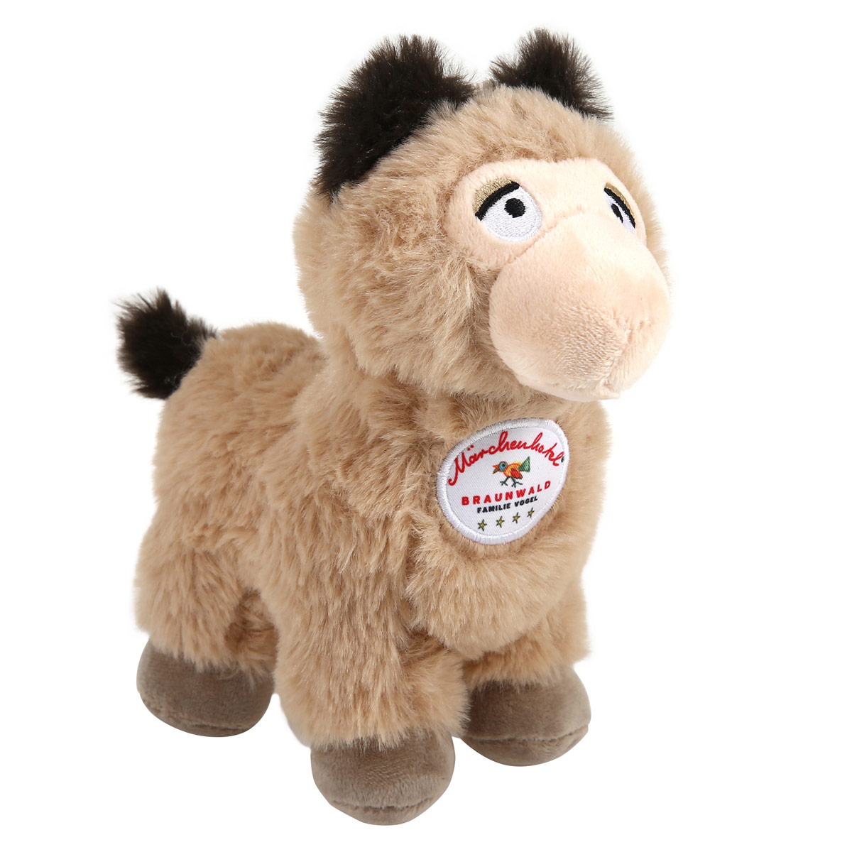 Individuell angefertigtes Plüsch-Alpaka, Design nach Kundenwunsch, als personalisiertes Maskottchen für Kinderhotels.