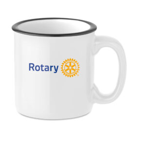 Keramiktasse im Vintage-Look mit Rotary-Logo, spülmaschinenfest & langlebig.